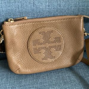 Tory Burch Small Kipp Crossbody Bag with 
Perforated Logo in Sand Beige.